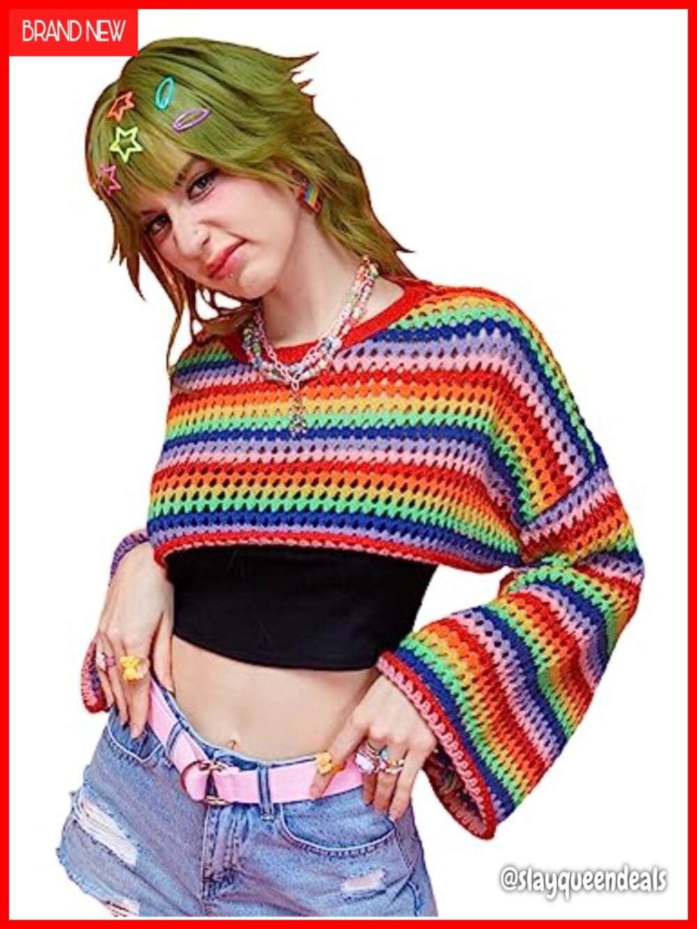 Y2K Crochet Crop Top Rainbow Striped Long Sleeve Knit Sweater Pullover